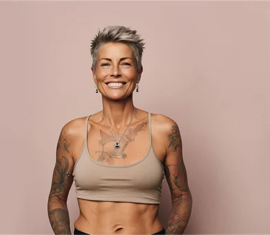 Eine lächelnde Frau mit kurzen grauen Haaren, sportlicher Statur und sichtbaren Tattoos auf Armen und Brust. Sie trägt ein beigefarbenes Sport-Top und Schmuck, darunter Ohrringe und eine Halskette. Der Hintergrund ist schlicht in Rosa gehalten.