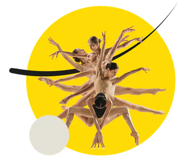 ballett-gruppe-power-vielfalt Collage mehrerer Ballerinas in verschiedenen Tanzposen, die symmetrisch vor einem gelben Kreis angeordnet sind – Symbol für weibliche Kraft und Teamarbeit.